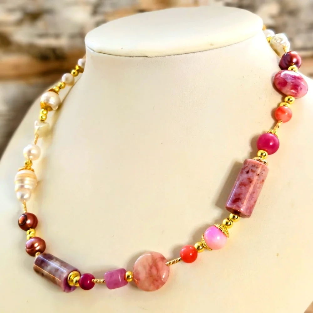 Natural Cherry Red Jade & White Baroque Pearls In Assymetrical Freeform Necklace